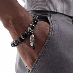 4/$15 Black Beaded Bracelet Silver Feather Charm Stretch Unisex Adjustable Wood